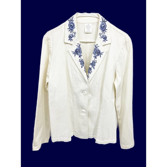 Vintage Womens 2 Button White Blazer with Floral Print on Neckline Size L - Picture 1 of 7